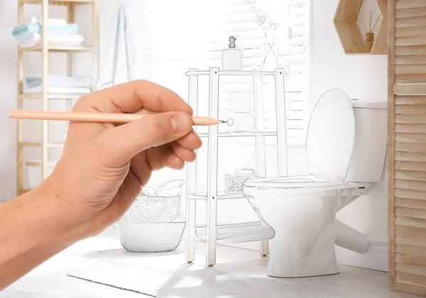Homem Desenho Banheiro Design Interiores Combinação Foto Esboço — Fotografia de Stock