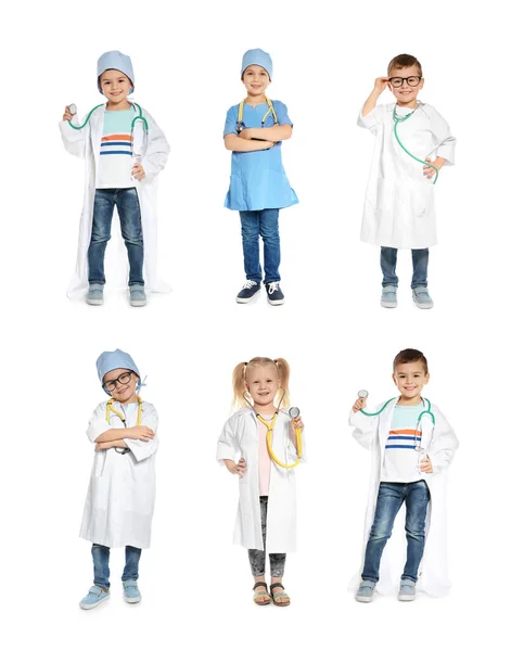 Collage Van Schattige Kleine Kinderen Dragen Arts Uniform Kostuums Spelen — Stockfoto