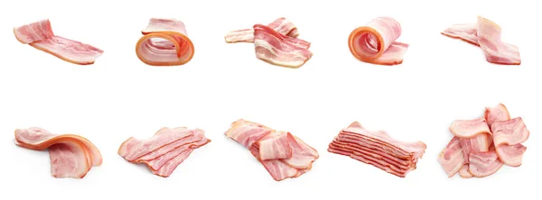 Establecer Con Rodajas Tocino Sobre Fondo Blanco Diseño Banner — Foto de Stock