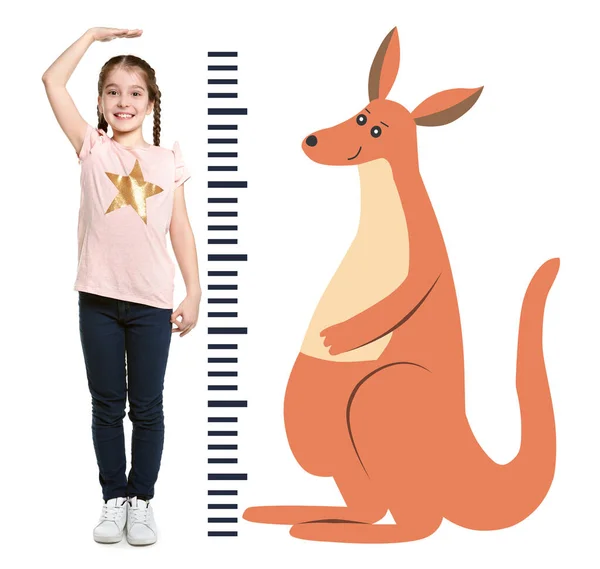 Mała Dziewczynka Mierzy Wysokość Rysunek Kangura Białym Tle — Zdjęcie stockowe