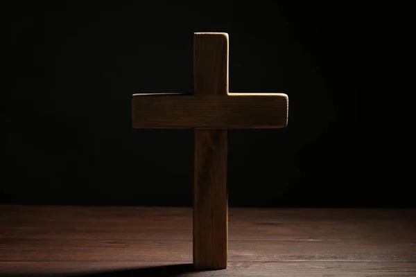 Christian Cross Wooden Table Black Background Religion Concept — Stock Photo, Image