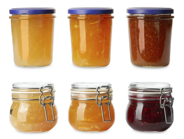 Set Potten Met Heerlijke Jam Witte Achtergrond — Stockfoto