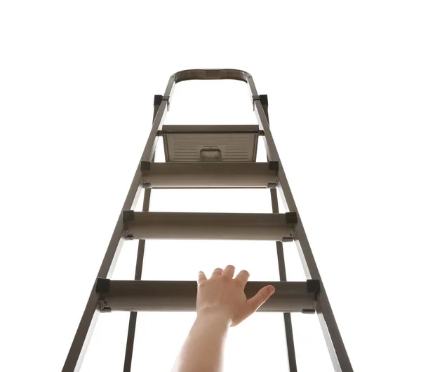 Женщина Поднимается Лестнице Белом Фоне Крупным Планом — стоковое фото