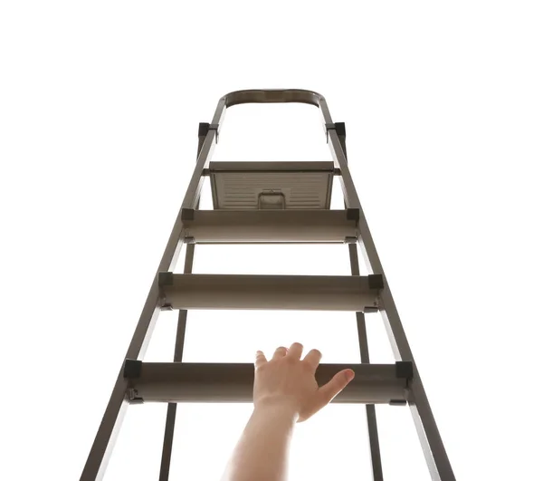 Woman Climbing Stepladder White Background Closeup — Stock Photo, Image