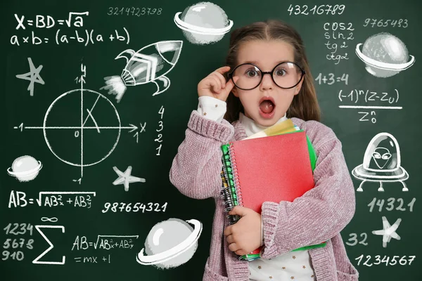 Cute Little Child Glasses Chalkboard Constitutive Equations First Time School — Stock Photo, Image