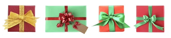 一套白色背景的圣诞礼品盒 顶视图 条幅设计 — 图库照片