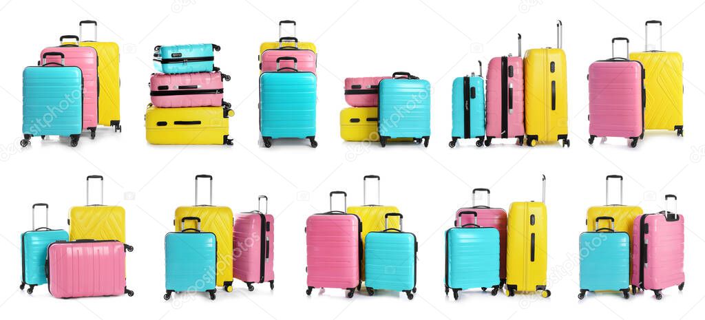 Set of different suitcases on white background. Banner design
