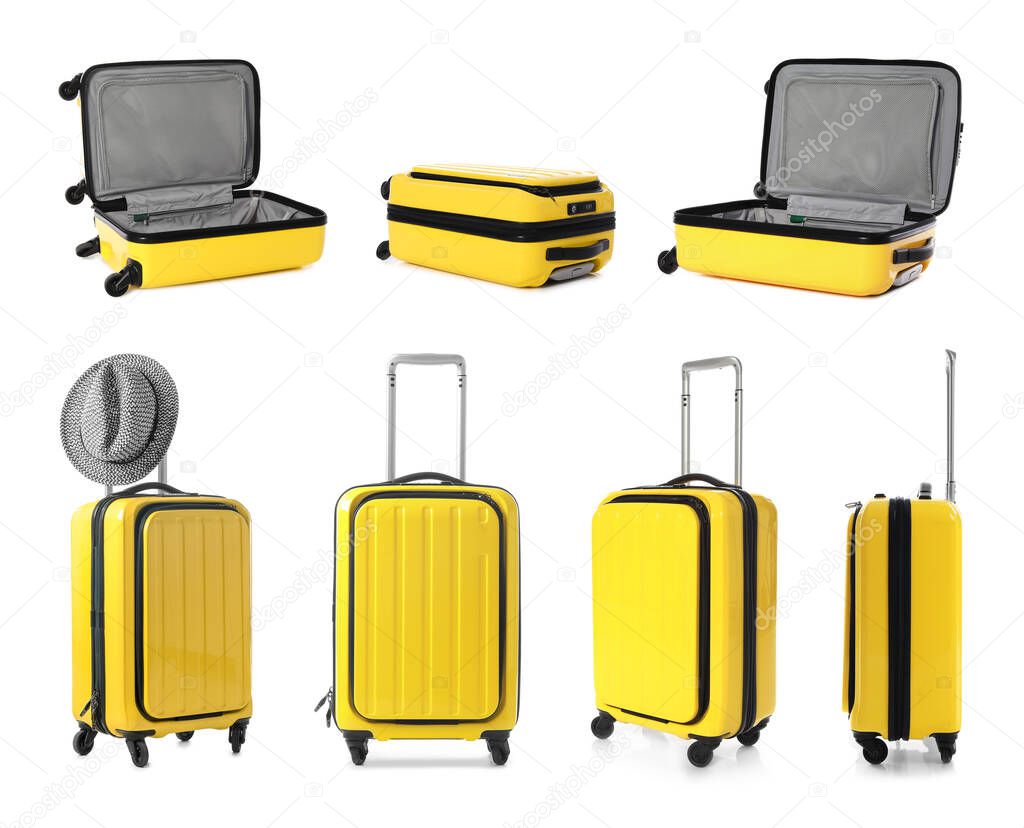 Set of yellow suitcases on white background