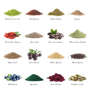 Beyaz arka planda farklı süper yiyecekler.