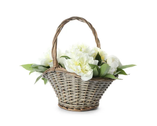 Bouquet Belles Pivoines Dans Panier Osier Isolé Sur Blanc — Photo