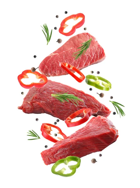 Raw Beef Meat Other Ingredients Falling White Background — Stock Photo, Image