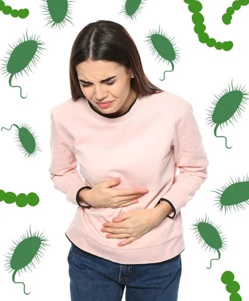Jeune Femme Souffrant Troubles Digestifs Illustration Bactéries Sur Fond Blanc — Photo