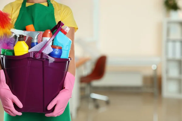 Woman Holding Bucket Cleaning Supplies Office Closeup Space Text — Stock Photo, Image