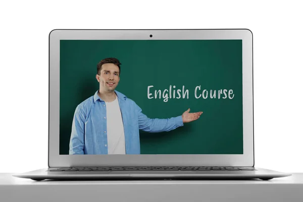 Moderne Computer Voor Online Engels Leren Met Leraar Witte Achtergrond — Stockfoto