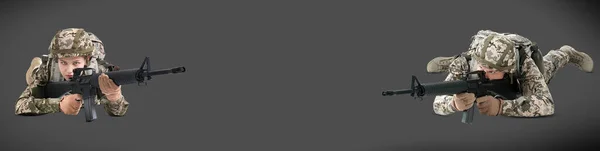 Люди Военной Форме Пулемётами Цветном Фоне Дизайн Баннеров Пространство Текста — стоковое фото