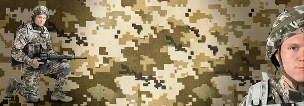 Conception Bannière Avec Homme Uniforme Militaire Motif Camouflage Numérique Sur — Photo