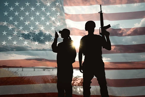 Double Exposition Avec Silhouettes Soldats Drapeau Américain Service Militaire — Photo
