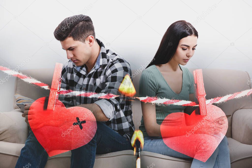 Double exposure of couple addicted to smartphones ignoring each other, red paper hearts on rope and burning match. Relationship problems