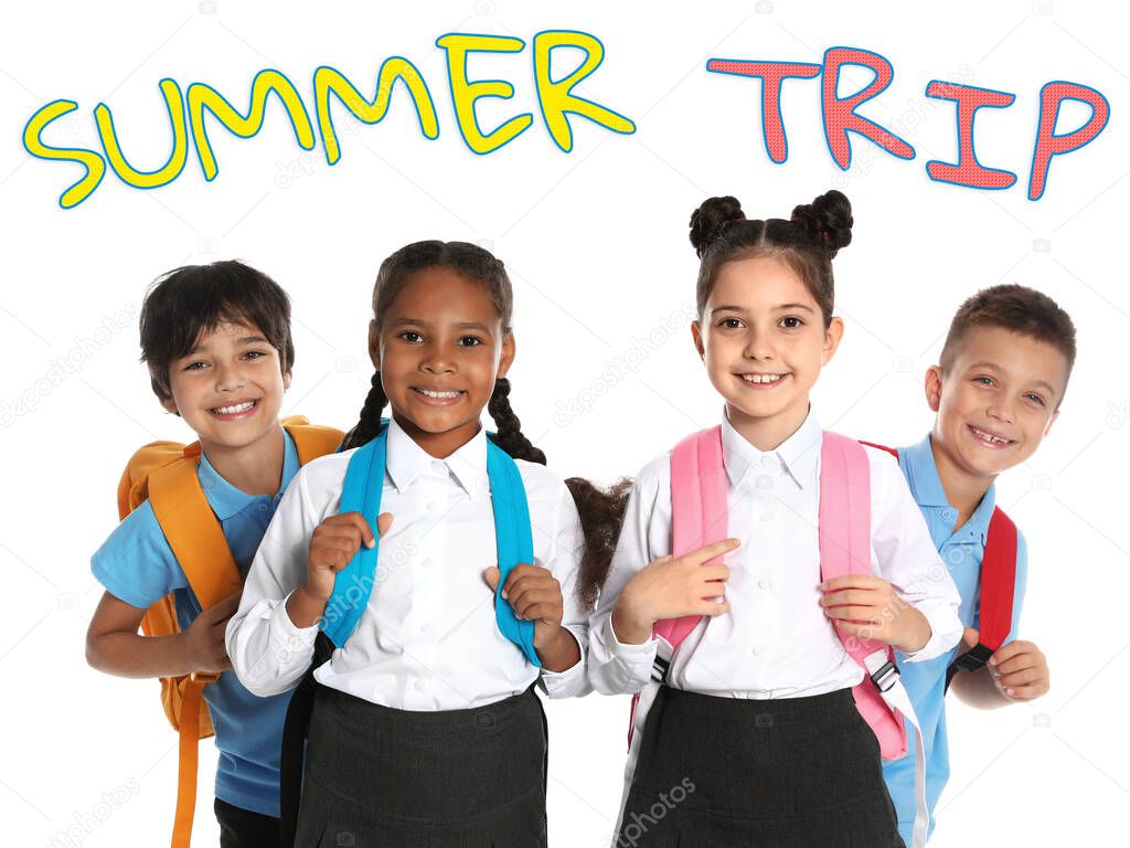 Happy children in school uniform on white background. Summer trip