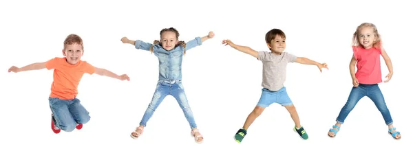 Коллаж Прыгающих Детей Белом Фоне Дизайн Баннера Первый Раз Школе — стоковое фото