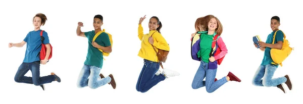 Collage Adolescentes Saltando Con Papelería Escolar Sobre Fondo Blanco Diseño — Foto de Stock