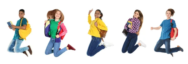 Collage Adolescentes Saltando Con Papelería Escolar Sobre Fondo Blanco Diseño —  Fotos de Stock