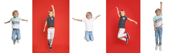 色の背景に学校の少年ジャンプのコラージュ バナーデザイン — ストック写真