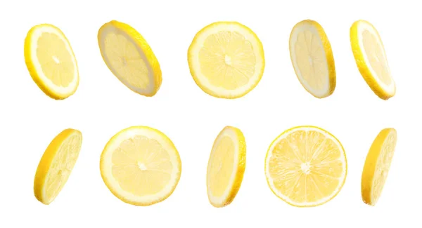 Set Falling Delicious Lemons White Background — Stock Photo, Image