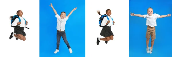 Collage Niños Saltando Uniforme Escolar Sobre Fondos Color Diseño Banner —  Fotos de Stock