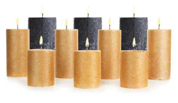 白色背景上的一组燃烧的蜡烛 条幅设计 — 图库照片