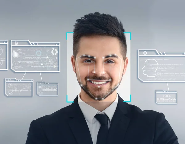 Sistema Reconocimiento Facial Hombre Con Marco Del Escáner Cara Información —  Fotos de Stock
