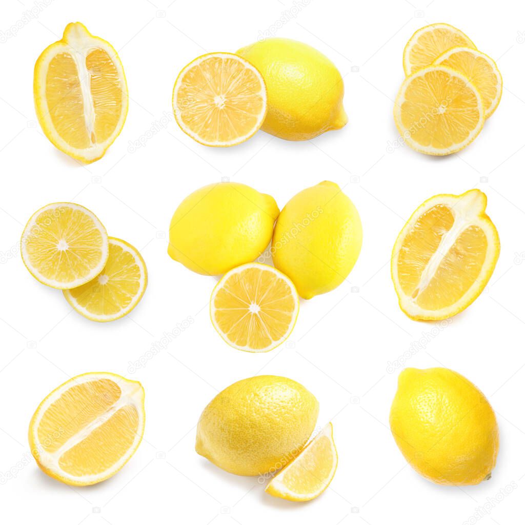 Set of delicious lemons on white background, top view 