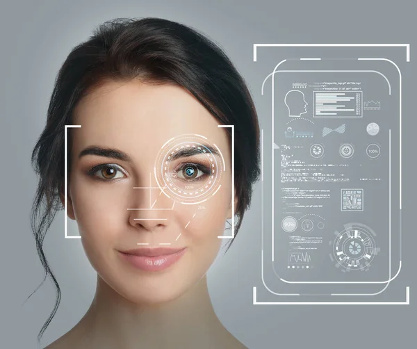 Sistema Reconhecimento Facial Mulher Com Quadro Scanner Rosto Informações — Fotografia de Stock