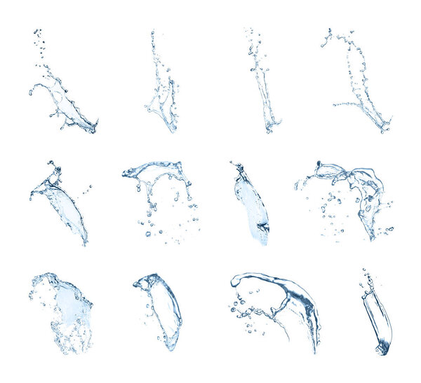 Set with clear water splashes on white background