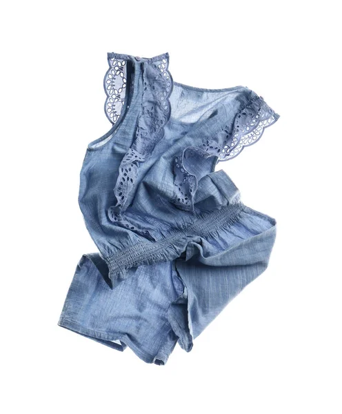 Rumpad Blå Romper Isolerad Vitt Snuskiga Kläder — Stockfoto