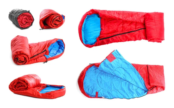Set Sacos Dormir Rojos Sobre Fondo Blanco —  Fotos de Stock