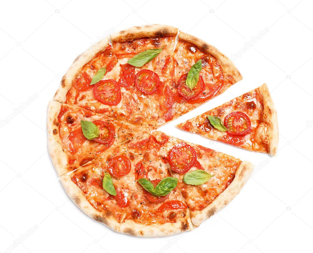 Delicious hot pizza Margherita isolated on white, top view