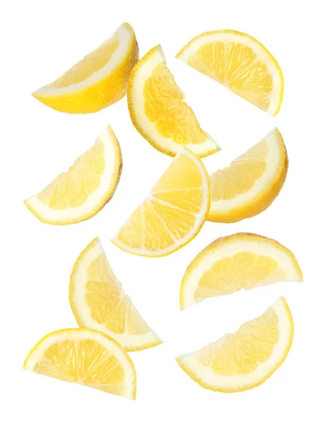 Conjunto Limões Deliciosos Caindo Fundo Branco — Fotografia de Stock