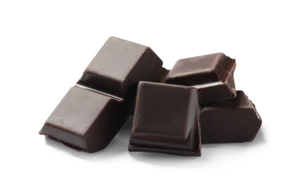 Trozos Delicioso Chocolate Negro Aislado Blanco — Foto de Stock