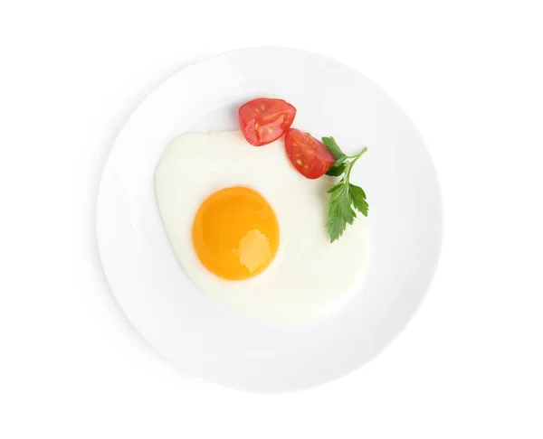 味道鲜美的煎蛋 与欧芹和西红柿隔离开白色 顶部视图 — 图库照片
