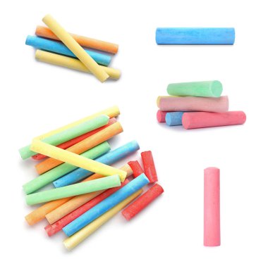 Beyaz arkaplanda renkli tebeşir parçaları ile ayarlandı