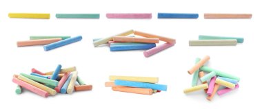 Beyaz arkaplanda renkli tebeşir parçaları ile ayarlandı. Pankart tasarımı