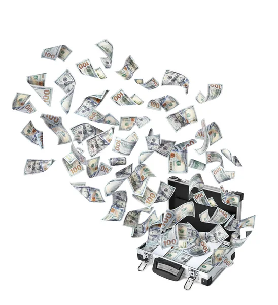 Billetes Estadounidenses Que Salen Volando Maleta Sobre Fondo Blanco — Foto de Stock