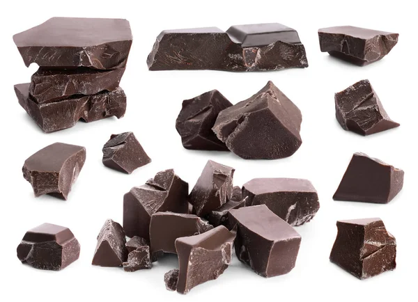Set Mit Leckeren Schokoladenstücken Auf Weißem Hintergrund — Stockfoto