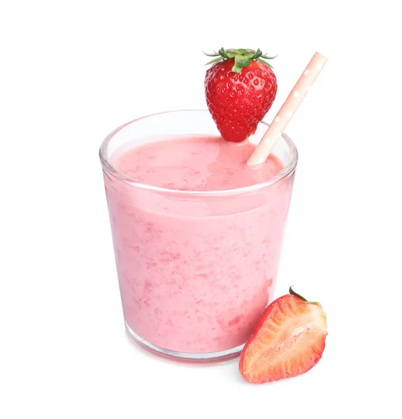 Lekkere Aardbeien Smoothie Glas Geïsoleerd Wit — Stockfoto