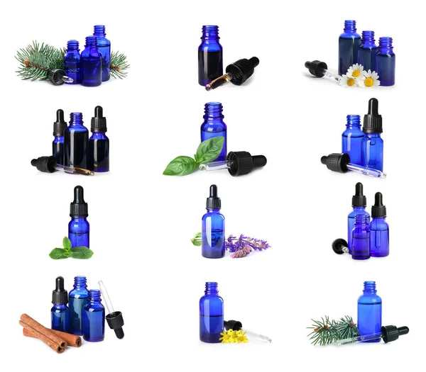 Set Bottles Different Essential Oils White Background — Stock Photo, Image