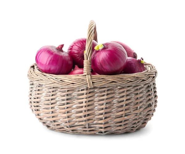 Basket Full Onion Bulbs Isolated White — Stock Photo, Image