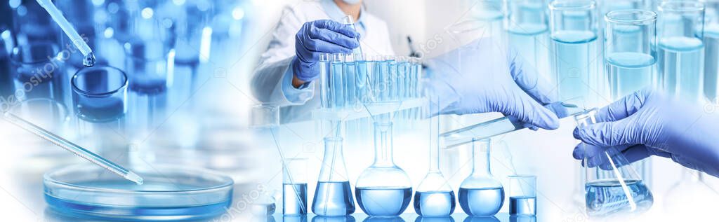 Multiple exposure of scientists doing sample analysis and laboratory glassware, banner design