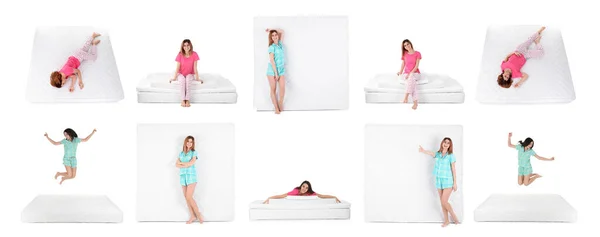 Collage Photos Women Mattresses White Background Banner Design — Stock Photo, Image