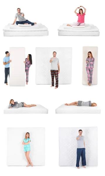 Collage Avec Photos Personnes Matelas Sur Fond Blanc — Photo